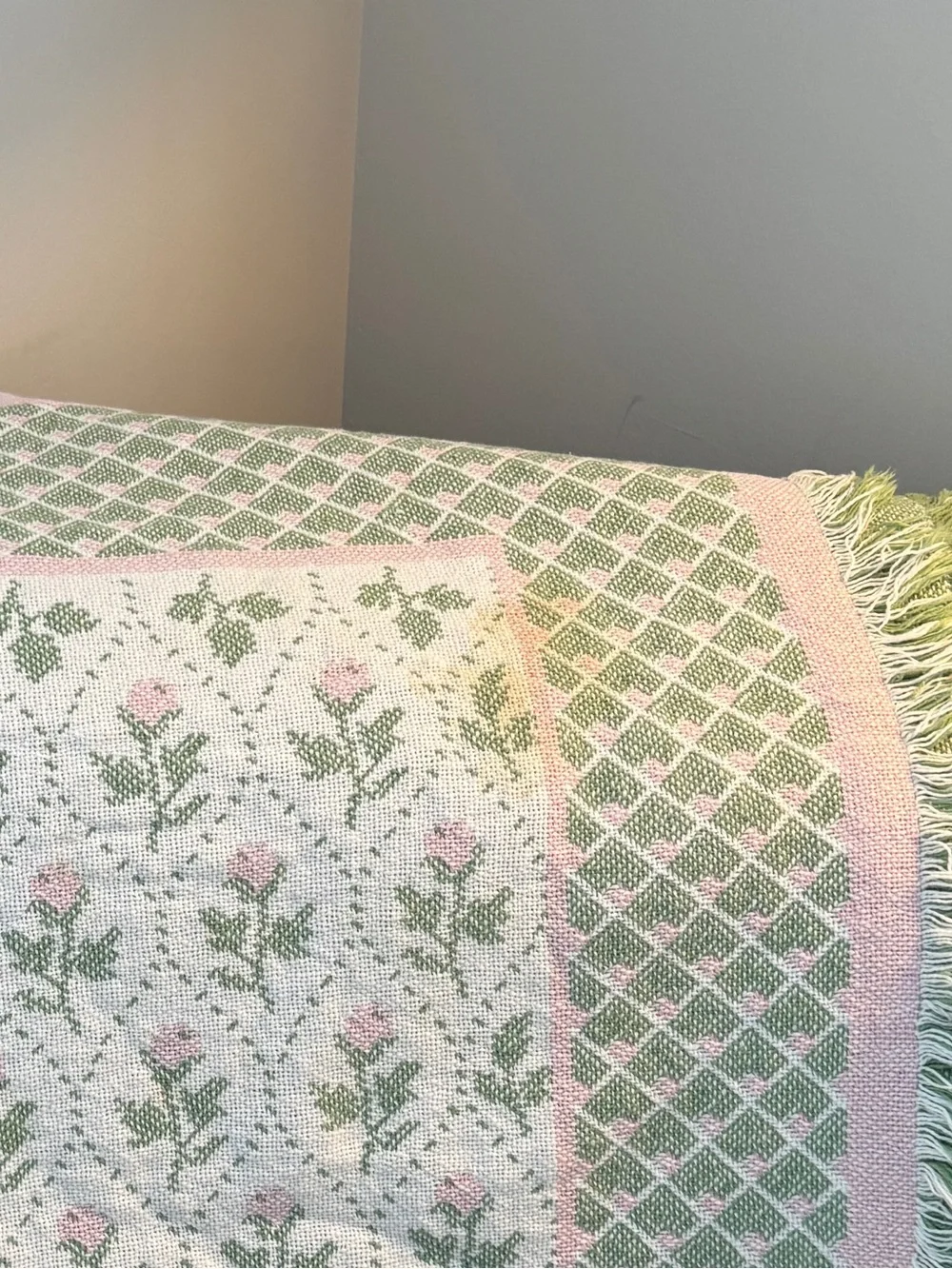 Soft Floral Throw Blanket in Pastel Pink and Sage